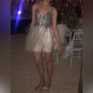 GB gold beige rhinestone tulle silk dress. Prom. Party. Size S (5)